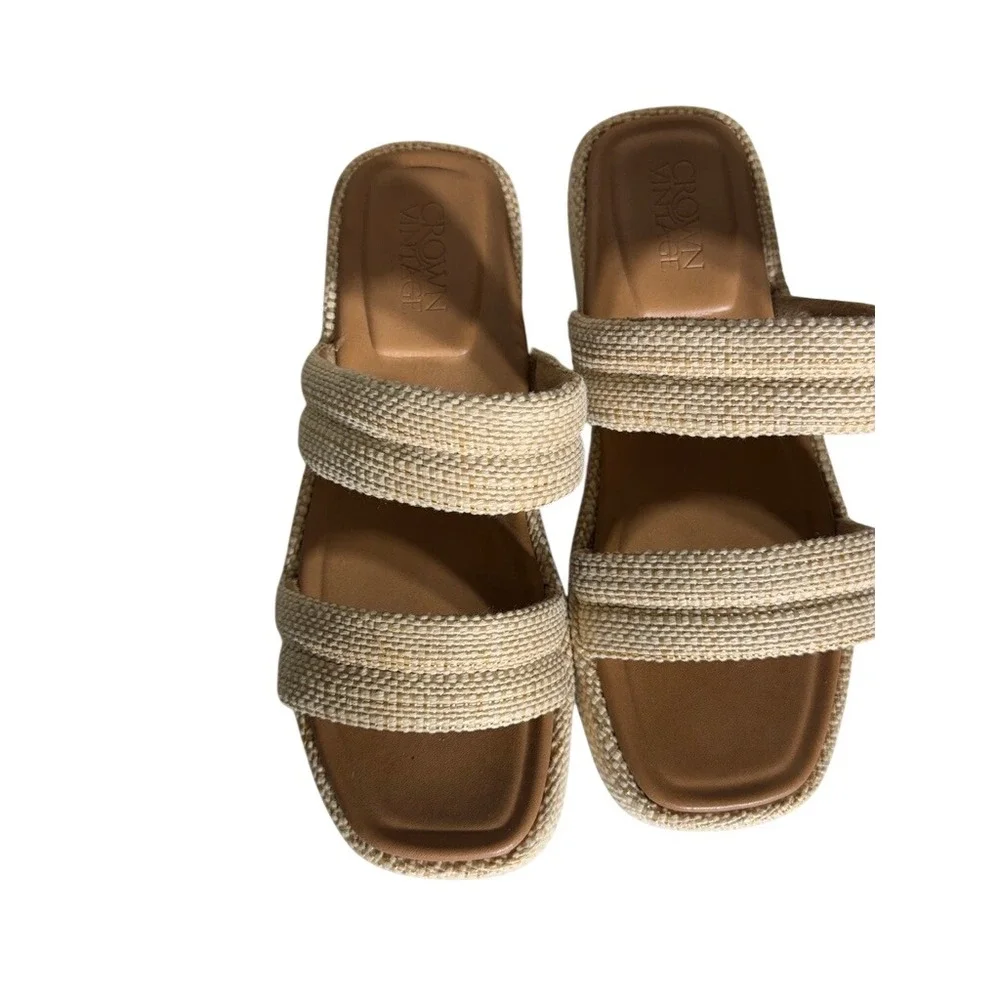 Crown Vintage Leah Beige Textile Two Strap Platform Slide Sandals Womens 7M